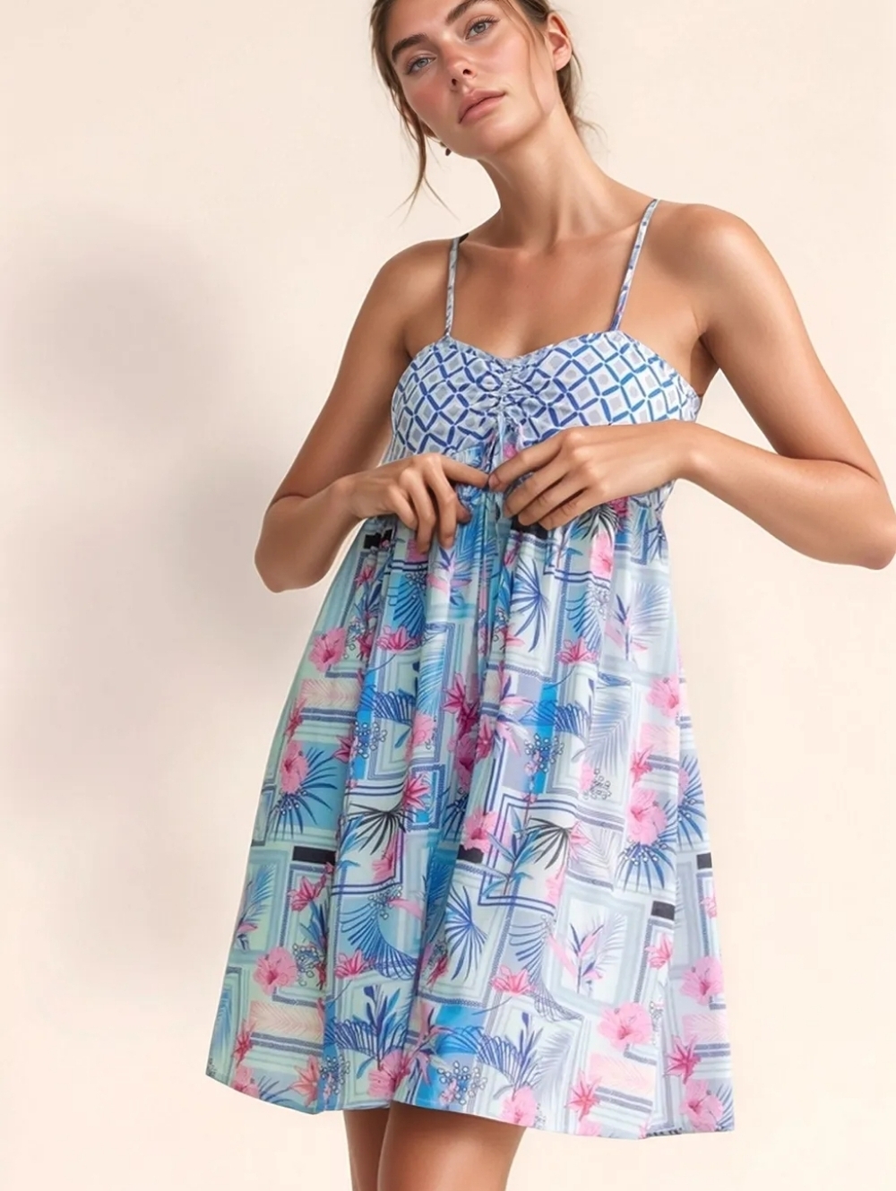 🌸Davi & Dani Tropical Floral Geo Print Tie Back Tube Top Romper